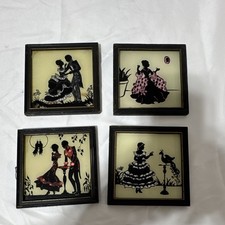 Vintage Reverse Painted Convex glass silhouette pictures set of 4 4.5”x4.5”   picture