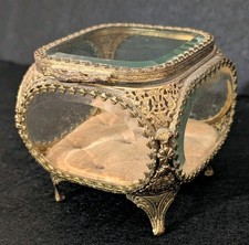 Antique French Victorian Ormolu Filigree Casket Jewelry Box Beveled Glass  picture