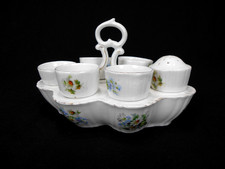 Antique  French White Floral Porcelain Handmade Boiled Egg Cup Serving Caddy Set picture