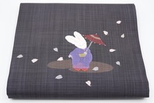 Japanese Kimono Obi - Nagoya Obi - Rabbits and Cherry Blossom Petals - Pre-owned picture