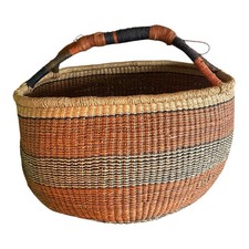 VTG Large Woven African Bolga Ghana Market Basket Leather Handle 17” x 14” x 11” picture