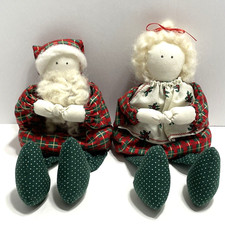 Vintage Santa and Mrs. Claus Fabric Shelf Sitters Soft Bodied Dangle Legs picture