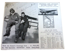 VINTAGE LARGE CARD 1937 FLIGHT FROM UK TO  CAPETOWN S. AFRICA TO CROYDON UK 1937 picture