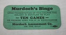 Galveston Texas Souvenir Amusement Memorabilia Vintage Murdoch's Bingo Coupon picture
