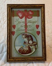 Antique Post Card Ephemera Framed, Kitty Cats, Hearts, Bow picture