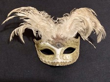 Beautiful Vintage Handcrafted Gold + White Venetian Mask With Feathers 🪶 ✨🎭  picture