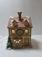 Vtg 1990 Old World Village Illuminated Green Grocer Porcelain House Christmas picture