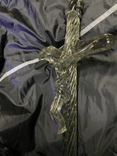 Unique Hand Blown Glass Smokey Topaz Tone Wall Crucifix Jesus 15-1/2”  picture