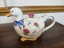 Lenox Poppies on Blue Barnyard Duck Teapot w Lid Floral Vintage 1998 picture