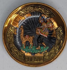 Bolivia Copper Brass Enamel Wall Plate Llama Inca Folk Art 4 1/4