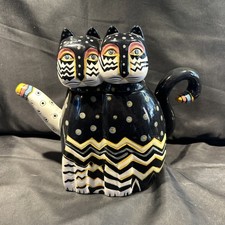 SHIPS FREE FANTASTIC RARE 2014 LAUREL BURCH Two Zig Zag Cats Teapot Halloween picture