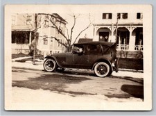 c1920s Antique Touring Car Automobile Houses Winter B&W Photo Snapshot picture