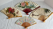 Lot of 4 Asian Chinese Folding Fans Bamboo/ Floral/ Peony/Bird Wall Decor 13-18