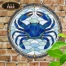 Ocean Blue Crab Coastal Suncatcher Round Garden Window Sign picture