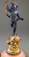 Antique French Patinated Bronze Ormolu Cherub Lamp Signed Steuben Style Shade picture