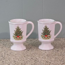 Vintage Pfaltzgraff Christmas Heritage Footed Pedestal Mugs Green Rim -Set of 2 picture