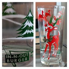 Vtg 1983 In-N-Out Burger Xmas Rudolph Reindeer Santa Xmas Glass HTF 80s Cali Art picture