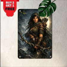 Female Fantasy Archer Warrior Sign Medieval Huntress Artwork Metal Tin Plaque picture
