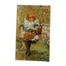 Vintage Postcard Girl Feeding Horse Apple, Season Greeting 1909 Posted Undivided picture