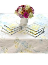 Vintage 1970s Vera Tablecloth & 6 Napkins Blue Yellow Green Floral Cotton 52x66 picture