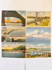 Lot of 6 Vintage Linen Postcards Bridges & Dams Posted 1940s-50s Stamps picture