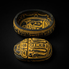 Unique Antique Egyptian Scarab Stone Box Anubis Hieroglyphics Jewelry Keeper picture