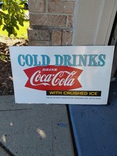 c.1960s Original Vintage Coca Cola Sign Metal Fishtail Cold Drinks Fountain Coke picture