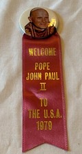 Nice 1979 Pope John Paul II America Visit Pinback Button Badge w Ribbon picture