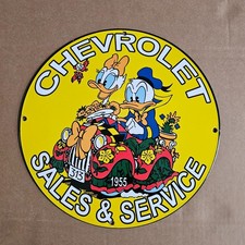 VINTAGE 1955 CHEVROLET DUCK OLD US GASOLINE OIL GAS PUMP ENAMEL PORCELAIN SIGN picture