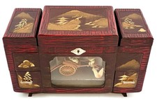 Vtg🔥RARE COLOR Japanese Gold Red Music GREAT Jewelry Box Rickshaw Diorama MCM picture