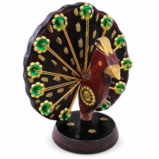 Vintage Hand Painted Wood Peacock Figurine Green Gold Folk Art Boho Decor picture