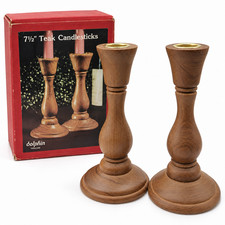 Vintage Dolphin Teak Wood Candle Holders Pair MCM Thailand Original Box picture
