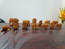 Hand Carved Wooden Elephant & Owl Animal Figurines Set Handmade Indian HomeDecor picture