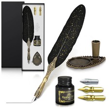Black Feather Quill Pen and Ink Set - Feather Pen and Ink Set with Stainless Ste picture