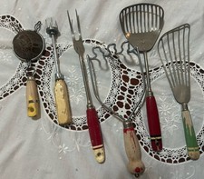 Lot of  6 Vintage Antique Kitchen Utensils, Chippy Red green Paint,  Farmhouse picture