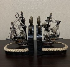 Vintage Hand Painted Wooden Sailing Ship Bookends Made In Spain *Rare* picture
