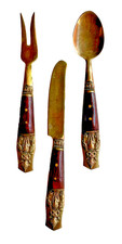 Vintage Siam Thailand Brass 3 Piece Serving Set Knife Fork Spoon Ornate Flatware picture