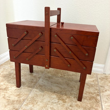 VTG Strommen Bruk Hamar Norway MCM Wood Accordion Sewing Cabinet Box Cherry picture