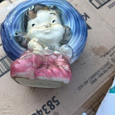 Vintage Royal Copley Pottery Wall Planter - Girl In Big Brimmed Blue Hat picture