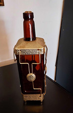 Vintage 1950s Brown Glass Decanter 0.6 qt w/ Gold Tone Metal Caddy picture