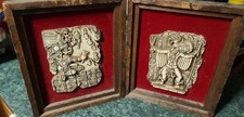 Vintage Zarebski Style Mayan Aztec Crushed Malachite 3D Wall Plaque Wood Frame  picture