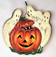 3 GHOSTS & JOL PUMPKIN w/ EYES PEEKING OUT * Glitter ORNAMENT * Vtg Img picture