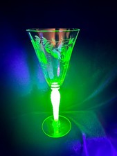 Spectacular Vintage Uranium Glass Goblet Wheat Etched Twist Stem UV Reactive picture