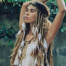 GORTIN Boho Feather Headband Gypsy Indian Headdress Boho Hippie Headpieces Tasse picture