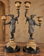 Antique French Orientalist Blackamoor Patinated Spelter Bronze Candelabra Pair picture