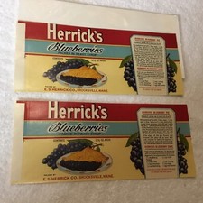 Vintage 2x Herrick's Blueberries Can Label 1930s Brooksville, ME Recipes. Bonus picture