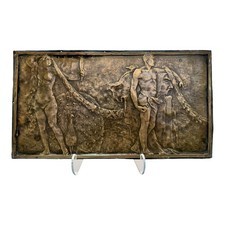 Vintage Art Nouveau Style Bronze Relief Plaque Nude Figures With Peacock picture