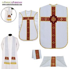 NEW White Roman Fiddleback Chasuble, Fiddleback Vestment 5pcs Mass Set, Casulla picture