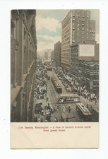 Postcard: Seattle, Washington - View of Second Avenue from James Street; trolley picture