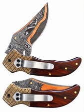 Handmade Copper Damascus Steel Folding Knife Wood Handle Back Clip picture
